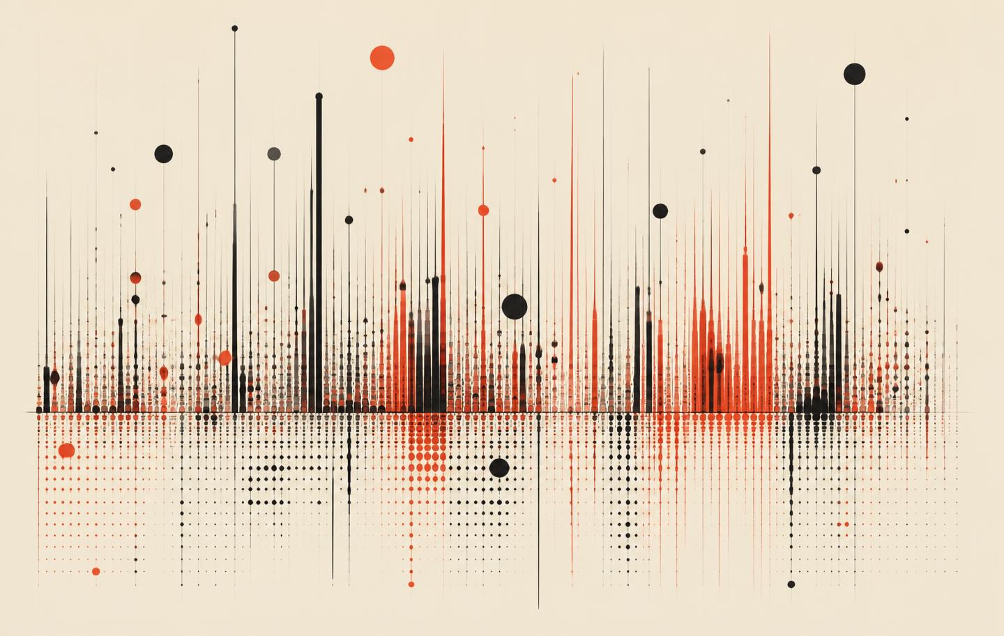Abstract data visualisation of dense black and vermillion vertical bars and scattered points on cream paper