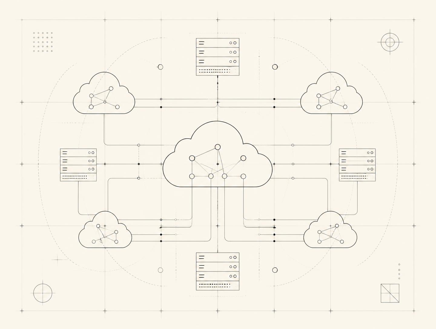 Line-drawn architecture diagram showing distributed cloud regions, server nodes, and their connections on paper