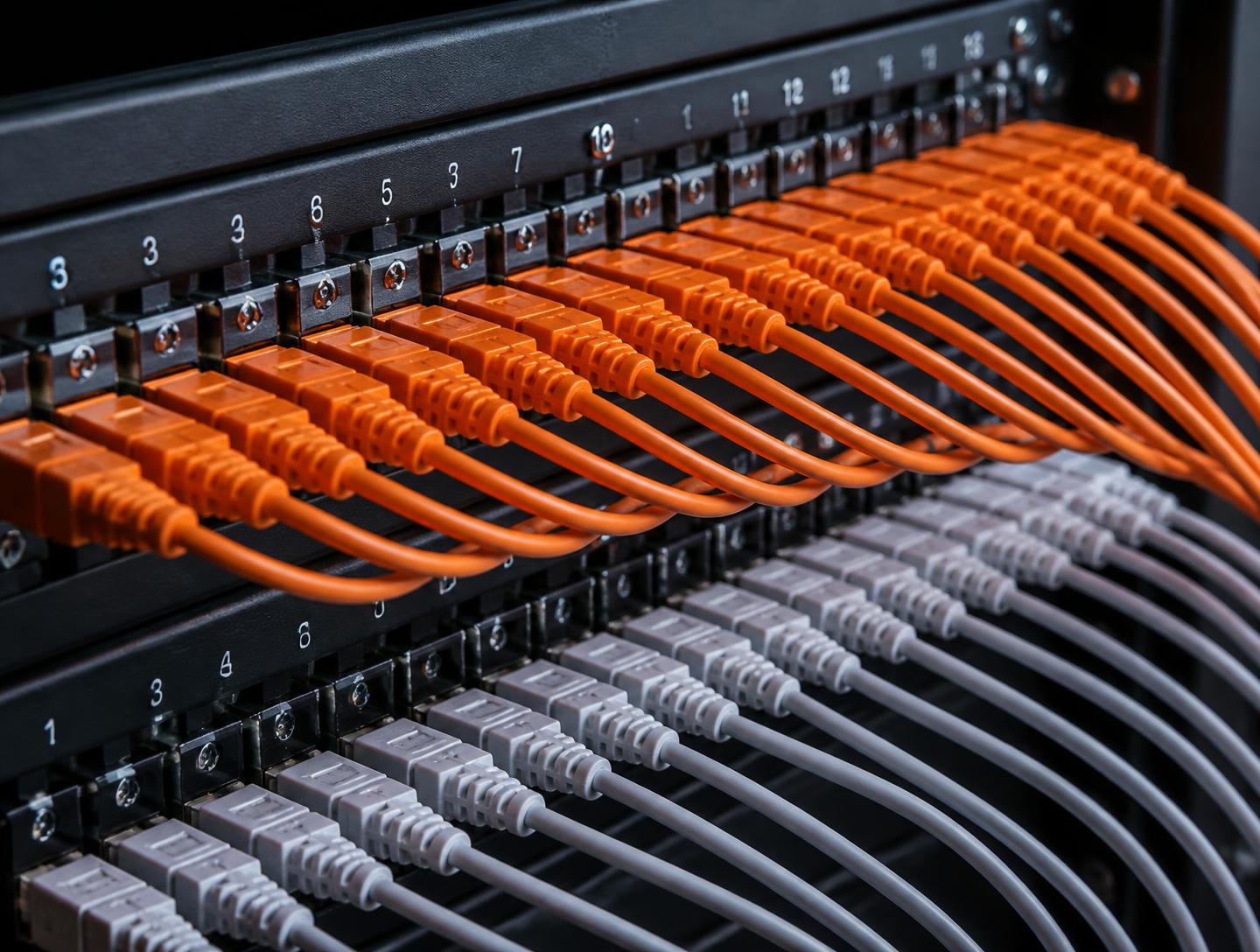 Patch panel with orange and grey network cables connected in numbered ports inside a dark equipment rack