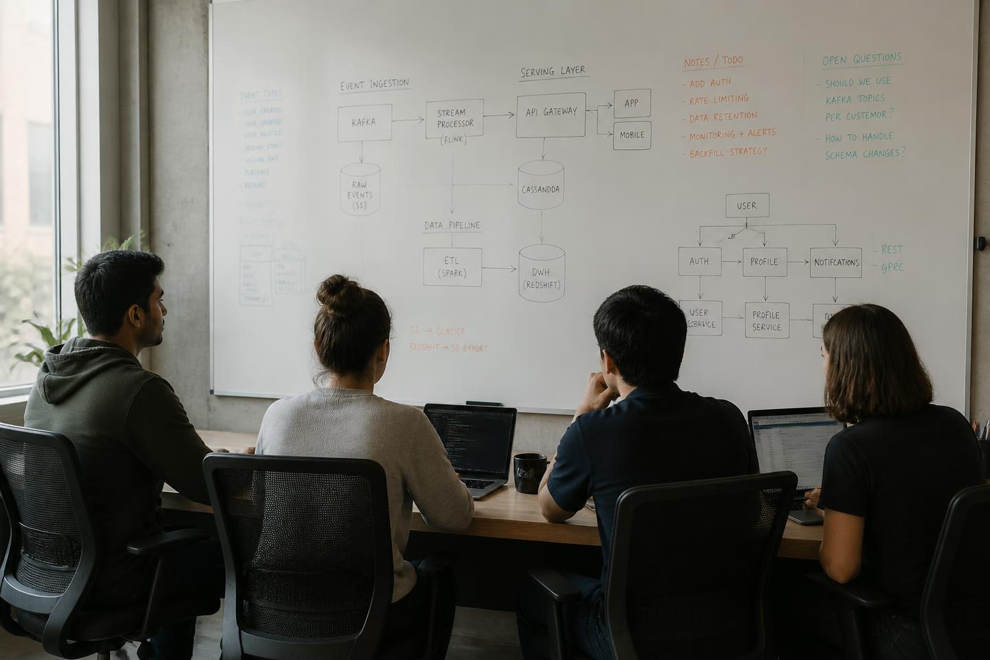 Four engineers seated at a long desk reviewing a whiteboard covered with data pipeline and service diagrams